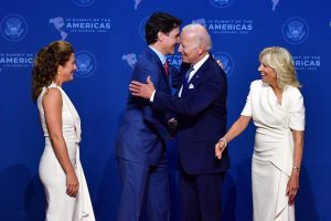 US President Joe Biden (2nd R) and First Lady Jill Biden (R) greet Canada's Prime Minister Justin Trudeau (2nd L) and his wife Sophie Gregoire Trudeau as they arrive for the 9th Summit of the Americas at the Los Angeles Convention Center in Los Angeles, California on June 8, 2022. (Photo by Frederic J. Brown / AFP) (Photo by FREDERIC J. BROWN/AFP via Getty Images)